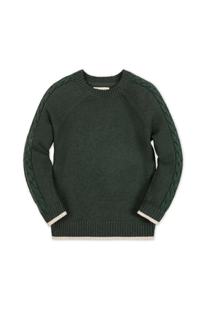 Forest green organic cotton crew neck sweater featuring sporty raglan sleeves with cable details and contrast tipping at the collar and cuffs. Ideal for children ages 2T-18.