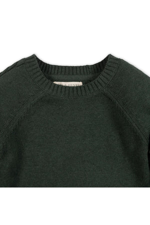 Close-up of a forest green organic cotton crew neck sweater featuring sporty raglan sleeves and ribbed trim. The fabric appears soft and cozy, suitable for children aged 2T-18.