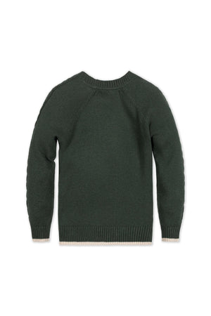 Back view of a forest green organic cotton crew neck sweater featuring ribbed trim and sporty raglan sleeves, showcasing its sustainable design suitable for children ages 2T to 18.