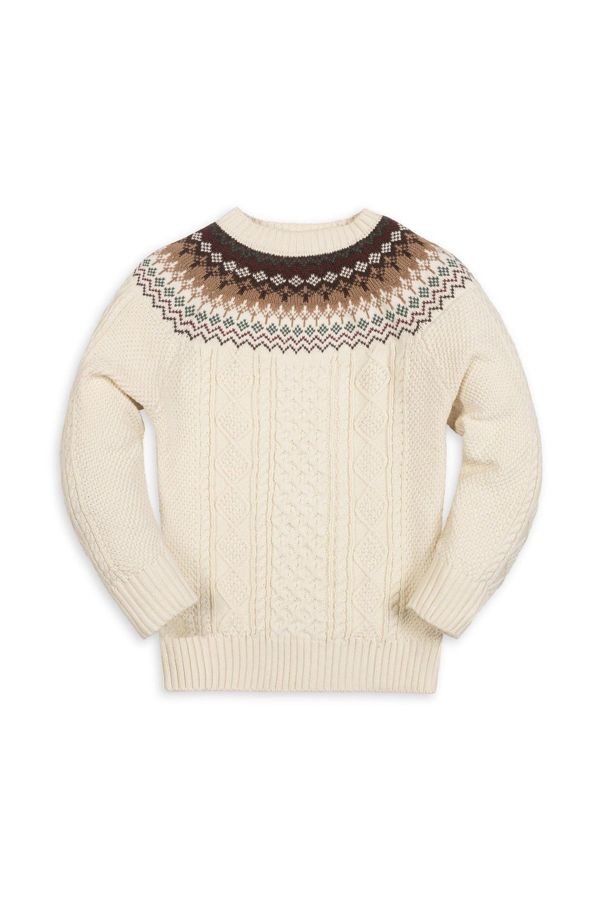 Back view of an ivory organic cotton sweater featuring a fair isle design in brown and cream at the yoke, with a textured cable knit on the bodice and sleeves.