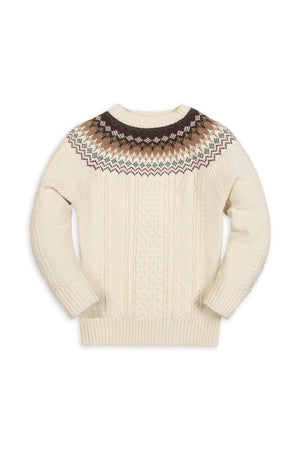 Back view of an ivory organic cotton sweater featuring a fair isle design in brown and cream at the yoke, with a textured cable knit on the bodice and sleeves.