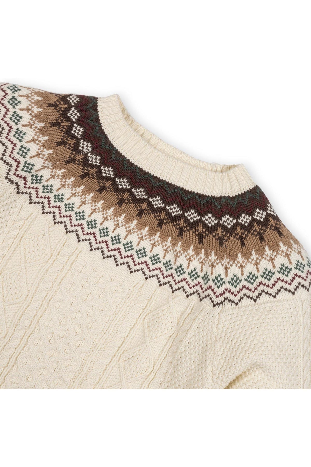 Ivory organic cotton sweater featuring a fair isle design in brown, green, and white. The textured cable knit adds warmth and style, perfect for kids sizes 2T-18.