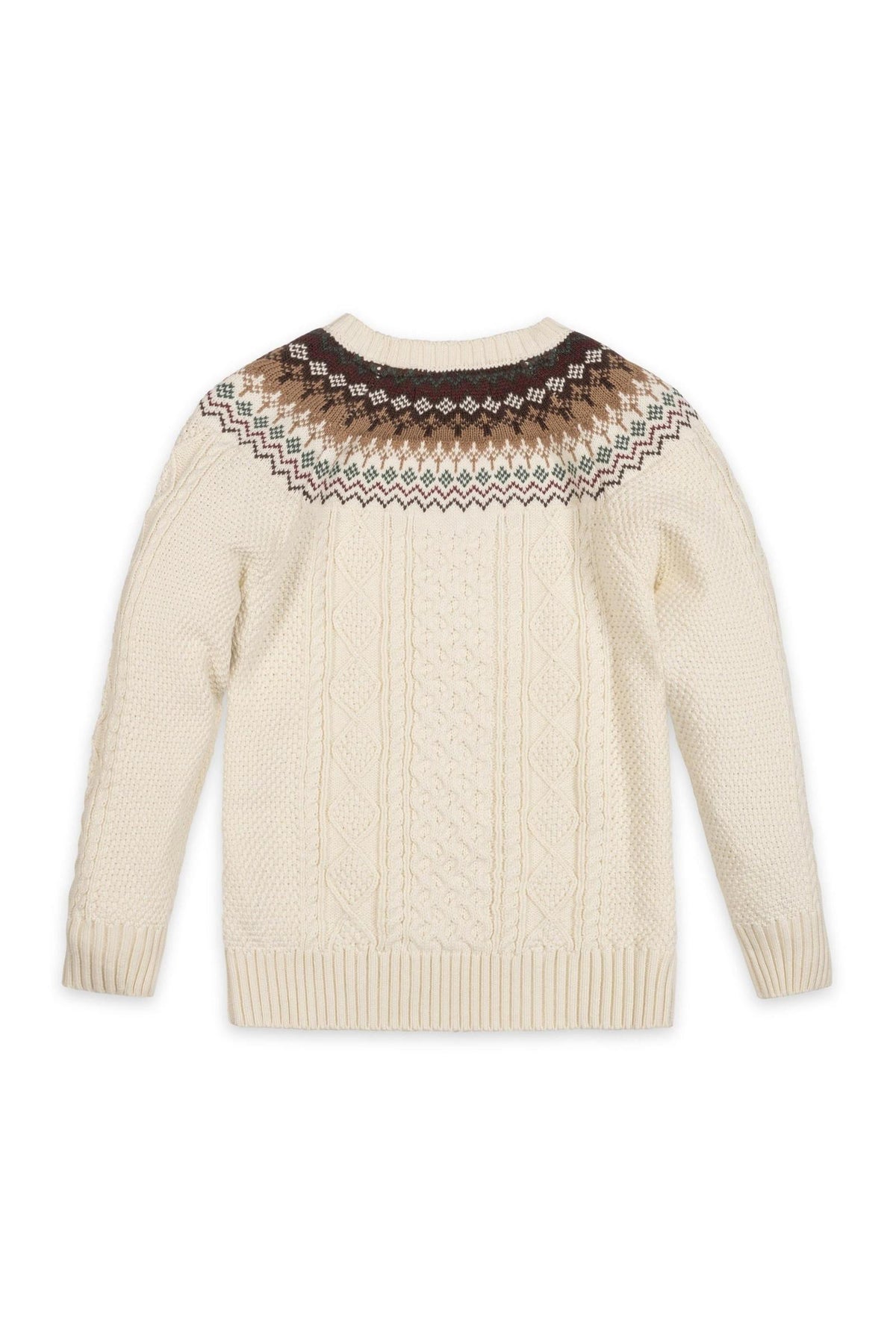 Back view of an ivory organic cotton sweater featuring a fair isle design in brown and tan at the yoke, with a textured cable pattern on the body and sleeves.