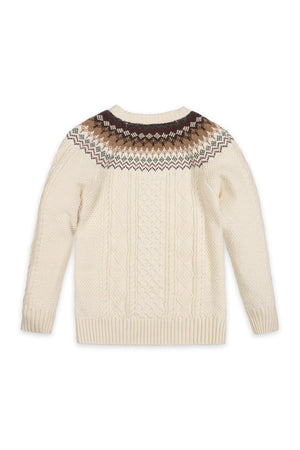 Back view of an ivory organic cotton sweater featuring a fair isle design in brown and tan at the yoke, with a textured cable pattern on the body and sleeves.