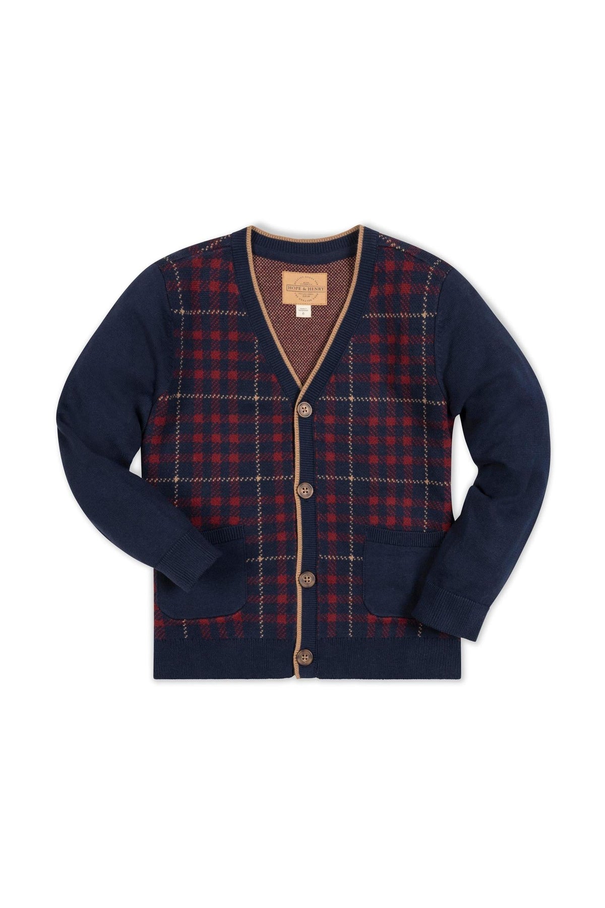 Organic Cotton Tipped Cardigan, Navy Plaid, Sizes 2T-18
