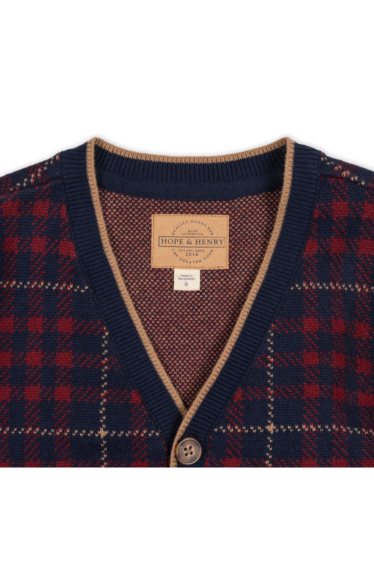 Organic Cotton Tipped Cardigan, Navy Plaid, Sizes 2T-18