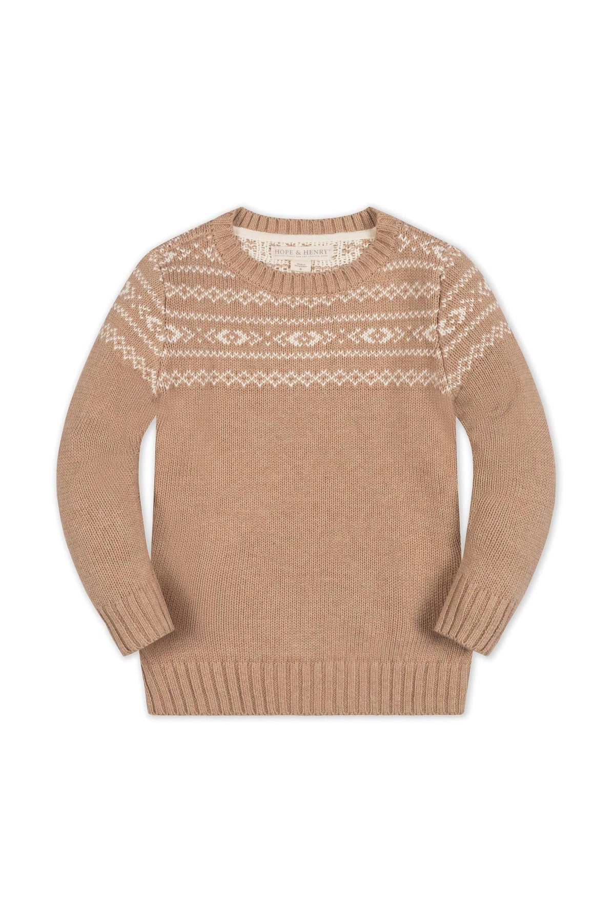 A soft, organic cotton Fair Isle sweater in camel features a classic crew neck and intricate intarsia design. This stylish pullover is perfect for children, sized from 2T to 18.
