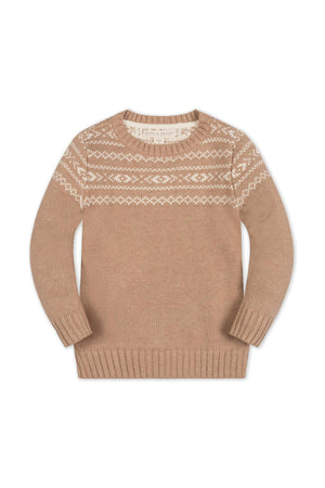A soft, organic cotton Fair Isle sweater in camel features a classic crew neck and intricate intarsia design. This stylish pullover is perfect for children, sized from 2T to 18.