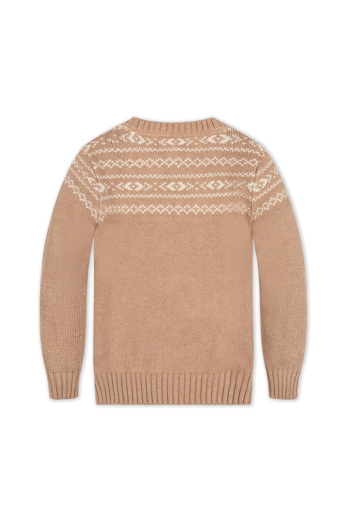 Back view of the camel-colored Organic Fair Isle Sweater featuring a cozy rib knit trim and a white intarsia design. Made from 100% soft organic cotton for ages 2T-18.