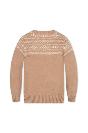 Back view of the camel-colored Organic Fair Isle Sweater featuring a cozy rib knit trim and a white intarsia design. Made from 100% soft organic cotton for ages 2T-18.
