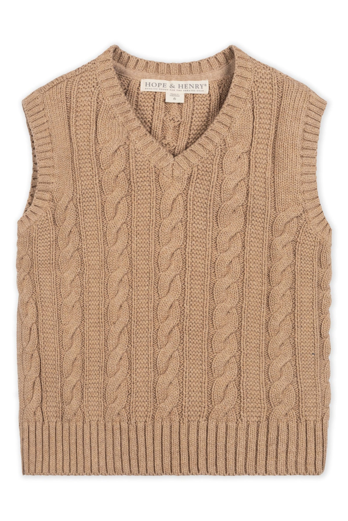 Organic Cotton Cable Sweater Vest, Camel, Sizes 2T-18