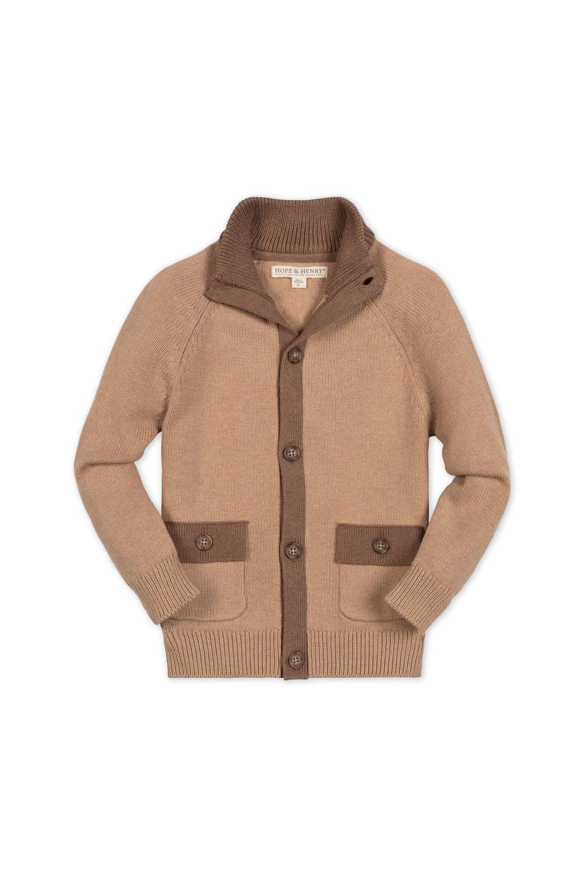 A cozy mock neck cardigan in camel and cinnamon colors, featuring a button front closure and front flap pockets. Made from 100% organic cotton, suitable for sizes 2T-18.