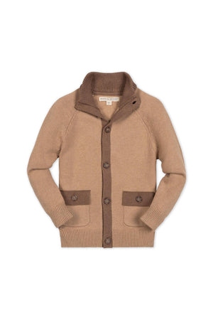 A cozy mock neck cardigan in camel and cinnamon colors, featuring a button front closure and front flap pockets. Made from 100% organic cotton, suitable for sizes 2T-18.