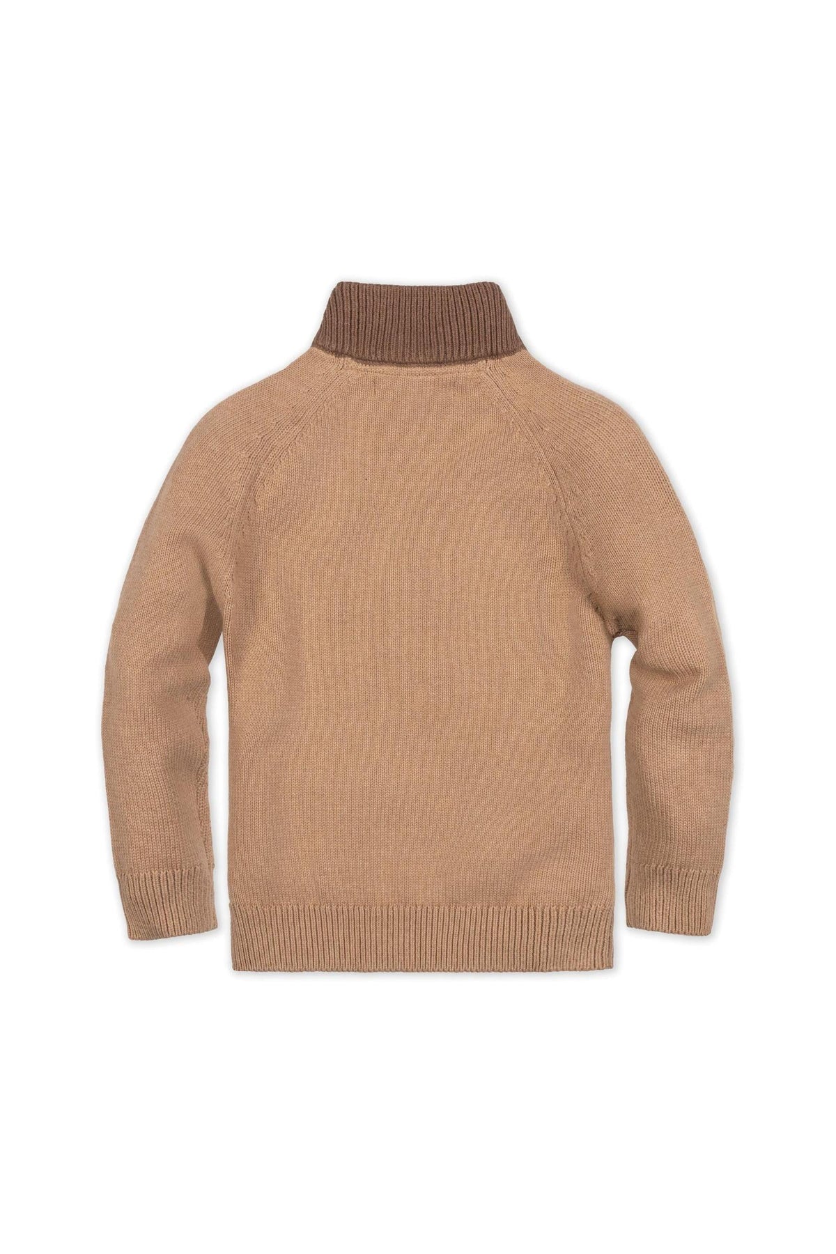 Back view of a soft organic cotton mock neck cardigan in camel color, featuring a ribbed neck and cuffs, designed for children. Ideal for comfortable layering in cooler weather.