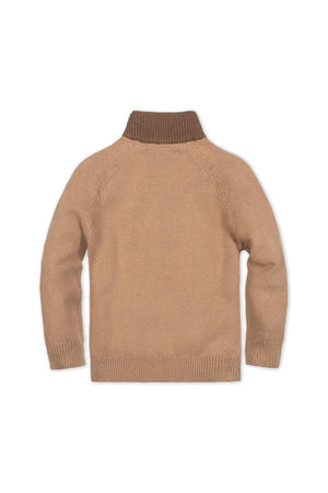 Back view of a soft organic cotton mock neck cardigan in camel color, featuring a ribbed neck and cuffs, designed for children. Ideal for comfortable layering in cooler weather.