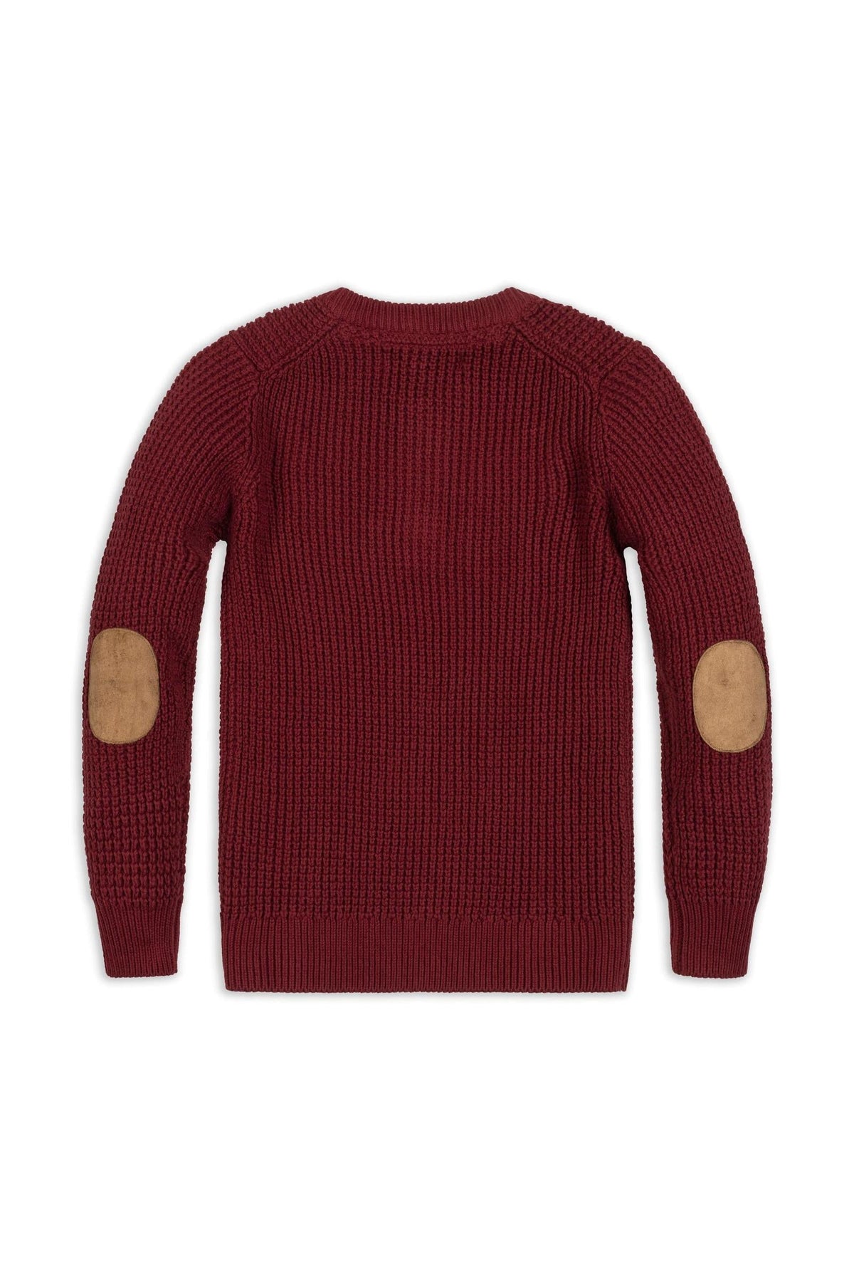 Back view of a cozy oxblood waffle knit sweater henley featuring faux suede elbow patches, made from soft organic cotton. Ideal for children, combining comfort and style for everyday wear.