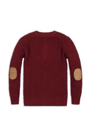 Back view of a cozy oxblood waffle knit sweater henley featuring faux suede elbow patches, made from soft organic cotton. Ideal for children, combining comfort and style for everyday wear.
