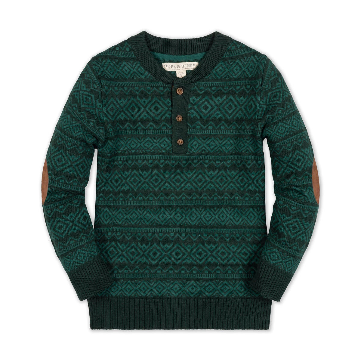 Deep green organic cotton sweater henley featuring a geometric pattern, faux suede elbow patches, and a button closure. Ideal for children, combining comfort and style in a sustainable design.