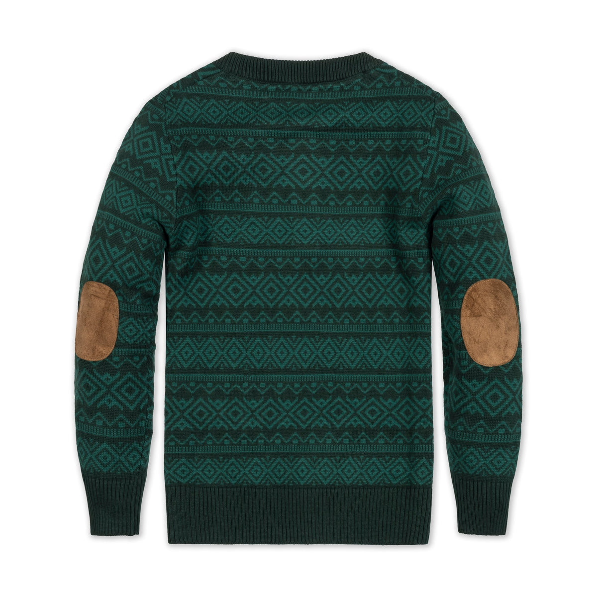 Back view of a deep green organic cotton sweater henley featuring a geometric pattern and faux suede elbow patches, designed for comfort and style in sizes 2T-18.