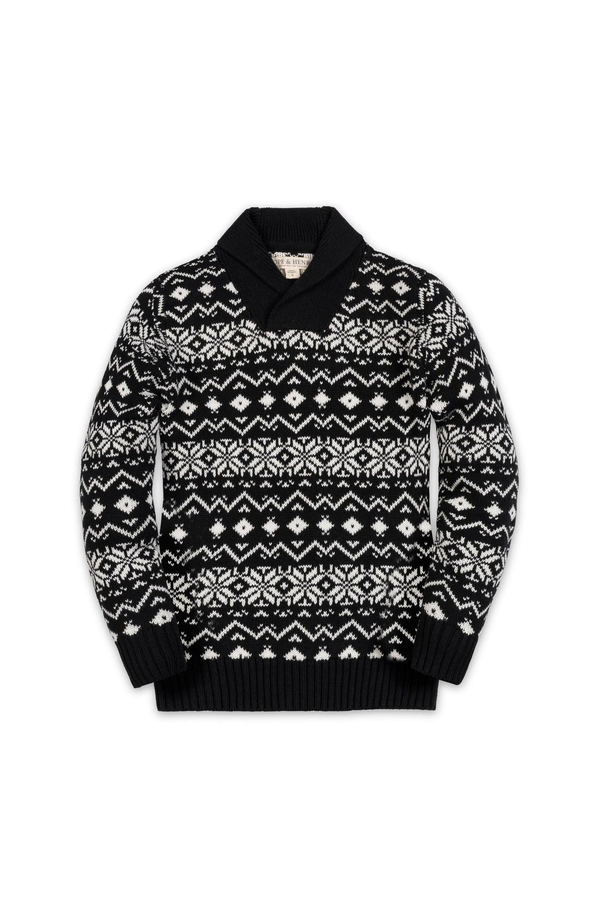Black and white organic cotton shawl collar sweater featuring a festive geometric pattern. This cozy, stylish design is perfect for boys, ensuring comfort and warmth during colder days.
