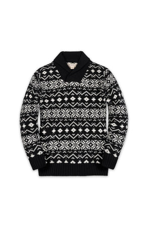 Black and white organic cotton shawl collar sweater featuring a festive geometric pattern. This cozy, stylish design is perfect for boys, ensuring comfort and warmth during colder days.