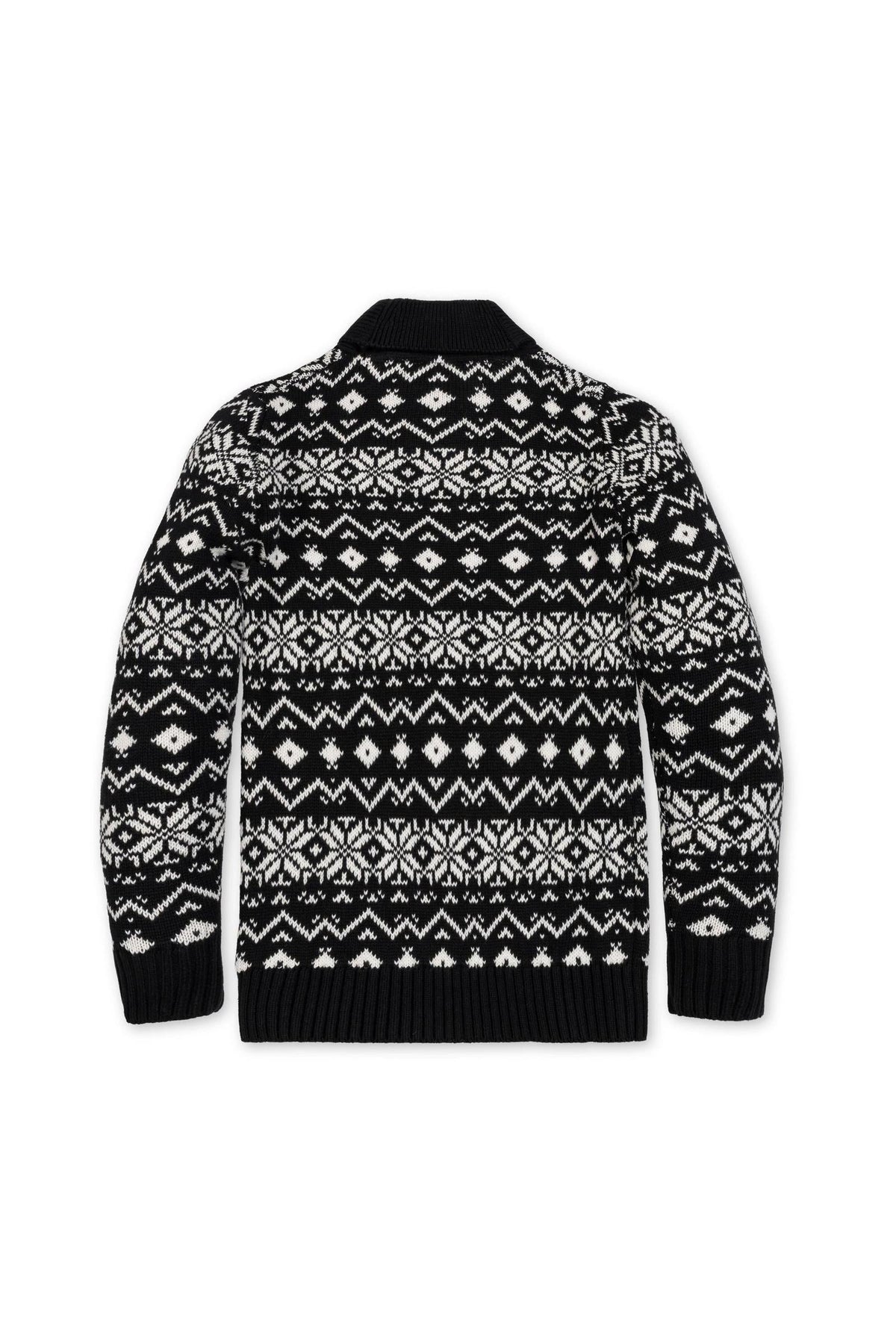 Back view of a black and white organic cotton shawl collar sweater featuring a geometric pattern. This cozy, stylish sweater is designed for boys, available in sizes 2T to 18.