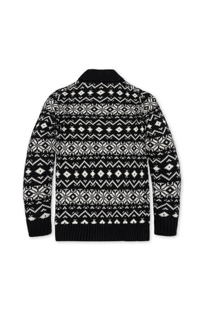 Back view of a black and white organic cotton shawl collar sweater featuring a geometric pattern. This cozy, stylish sweater is designed for boys, available in sizes 2T to 18.