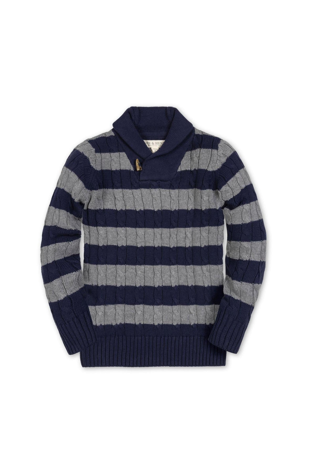 Navy and gray striped organic cotton shawl collar sweater featuring a cozy design and faux horn toggle closure. Ideal for children, this timeless piece combines comfort and style effortlessly.