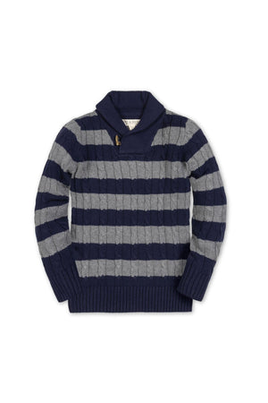 Navy and gray striped organic cotton shawl collar sweater featuring a cozy design and faux horn toggle closure. Ideal for children, this timeless piece combines comfort and style effortlessly.