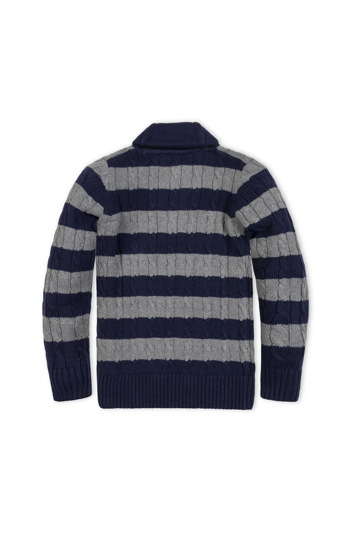 Back view of a navy and gray striped cable sweater featuring a cozy shawl collar. Made from soft organic cotton, this stylish piece is perfect for kids aged 2T to.
