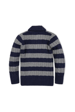 Back view of a navy and gray striped cable sweater featuring a cozy shawl collar. Made from soft organic cotton, this stylish piece is perfect for kids aged 2T to.