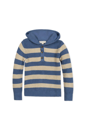 Organic Cotton Henley Sweater Hoodie, Blue and Natural Stripe, Sizes 2T-18