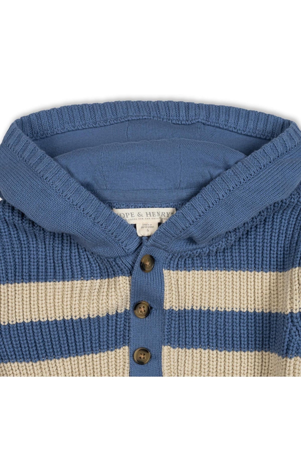 Organic Cotton Henley Sweater Hoodie, Blue and Natural Stripe, Sizes 2T-18