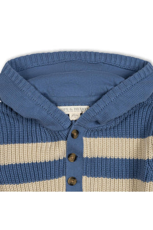 Organic Cotton Henley Sweater Hoodie, Blue and Natural Stripe, Sizes 2T-18