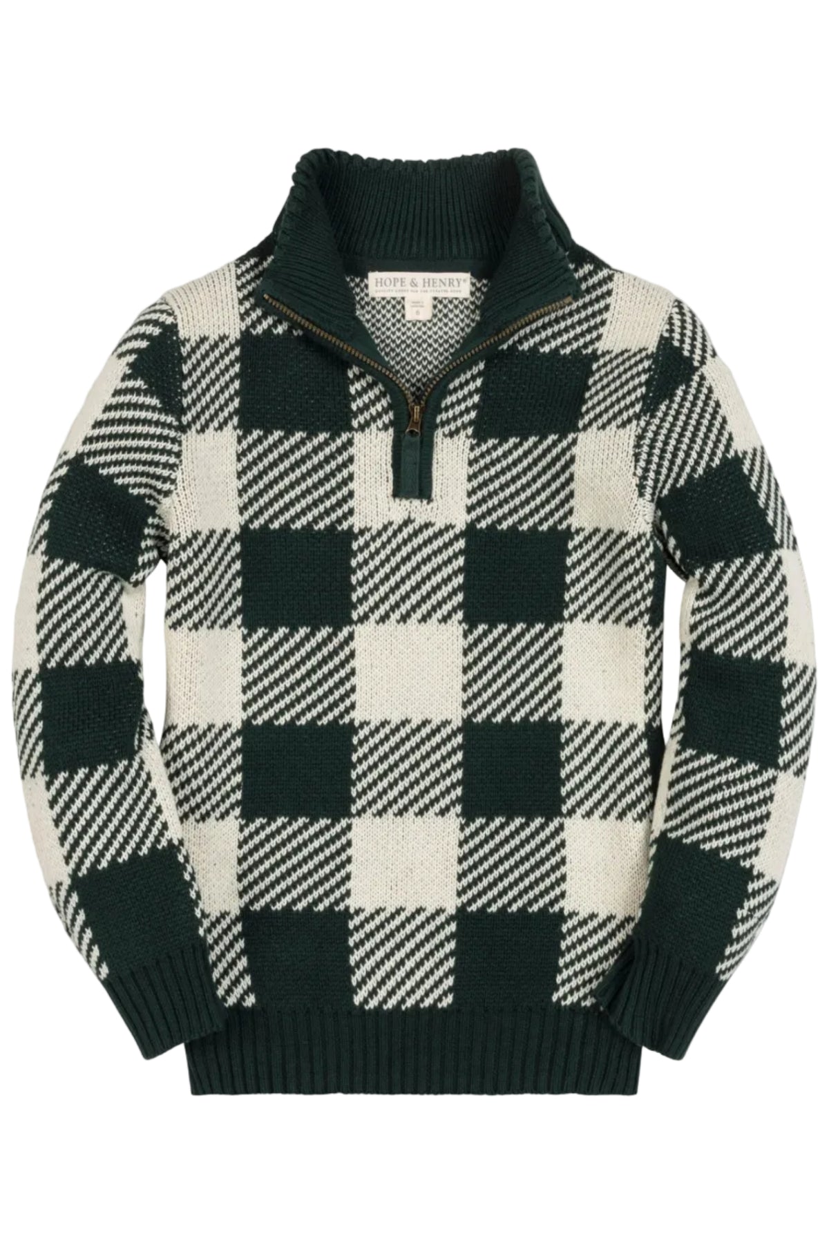 Organic Cotton Half Zip Intarsia Sweater, Deep Green Check, Sizes 2T-18