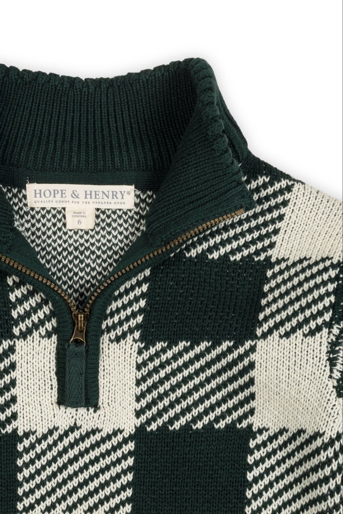 Organic Cotton Half Zip Intarsia Sweater, Deep Green Check, Sizes 2T-18