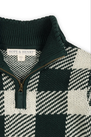 Organic Cotton Half Zip Intarsia Sweater, Deep Green Check, Sizes 2T-18