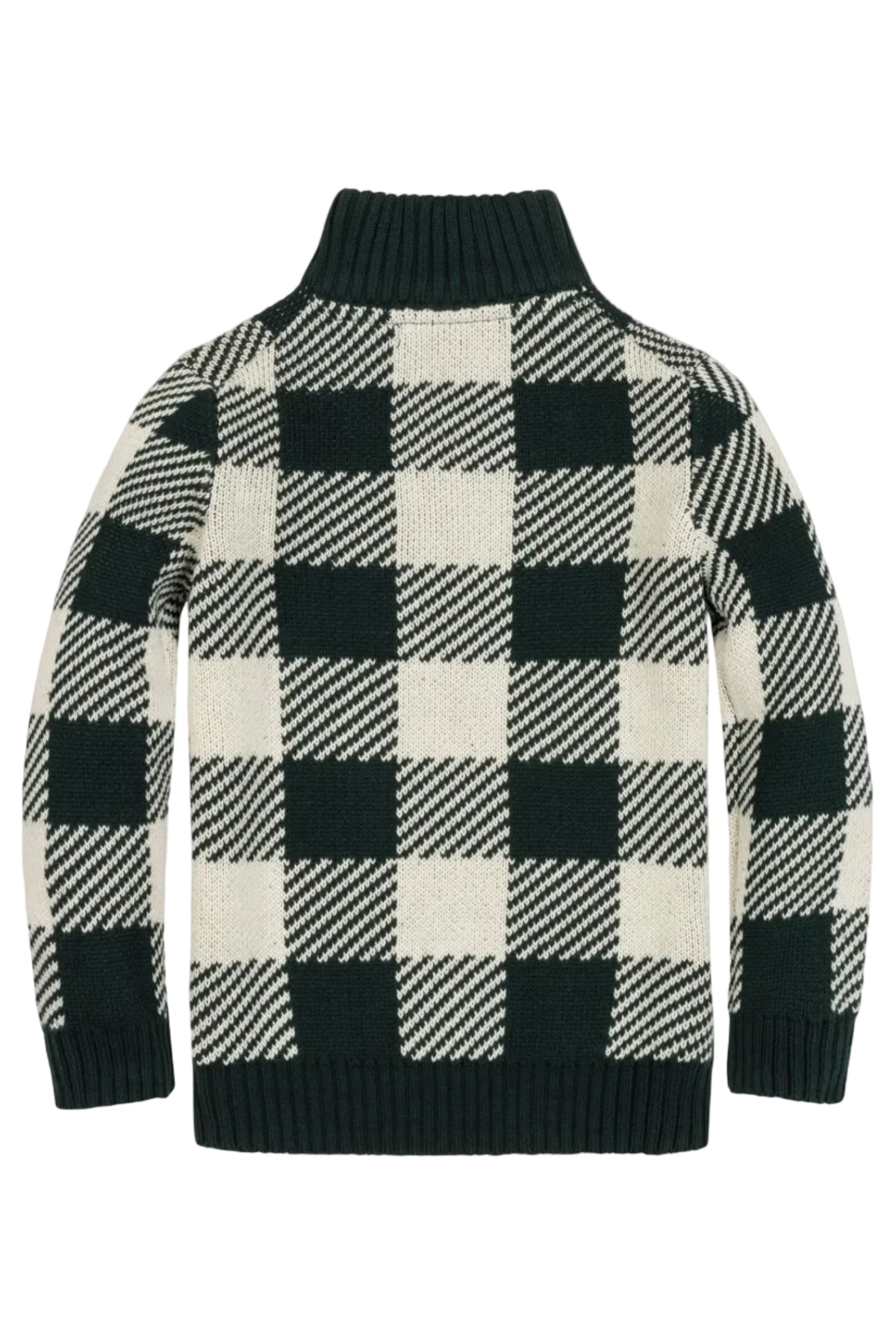 Organic Cotton Half Zip Intarsia Sweater, Deep Green Check, Sizes 2T-18
