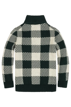 Organic Cotton Half Zip Intarsia Sweater, Deep Green Check, Sizes 2T-18