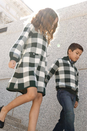 Organic Cotton Half Zip Intarsia Sweater, Deep Green Check, Sizes 2T-18