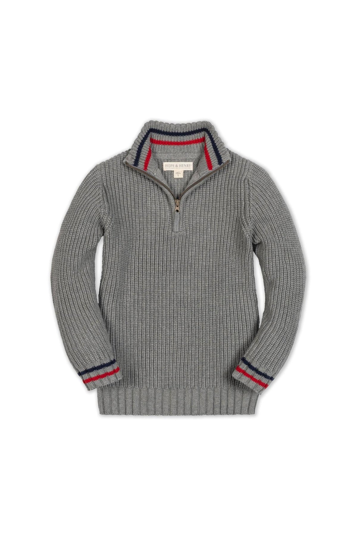 A dark gray organic cotton half-zip sweater features a ribbed texture, contrasting red and blue stripes on the cuffs, and a cozy collar. Ideal for layering in cooler weather.