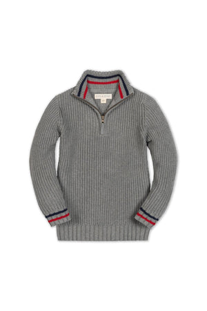 A dark gray organic cotton half-zip sweater features a ribbed texture, contrasting red and blue stripes on the cuffs, and a cozy collar. Ideal for layering in cooler weather.
