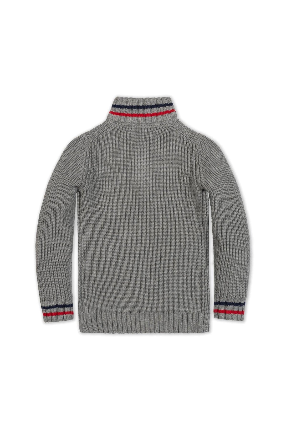 Back view of a dark gray organic cotton half-zip sweater featuring ribbed cuffs with red and navy stripes. Ideal for layering, this sustainable piece is suitable for kids aged 2T-18.