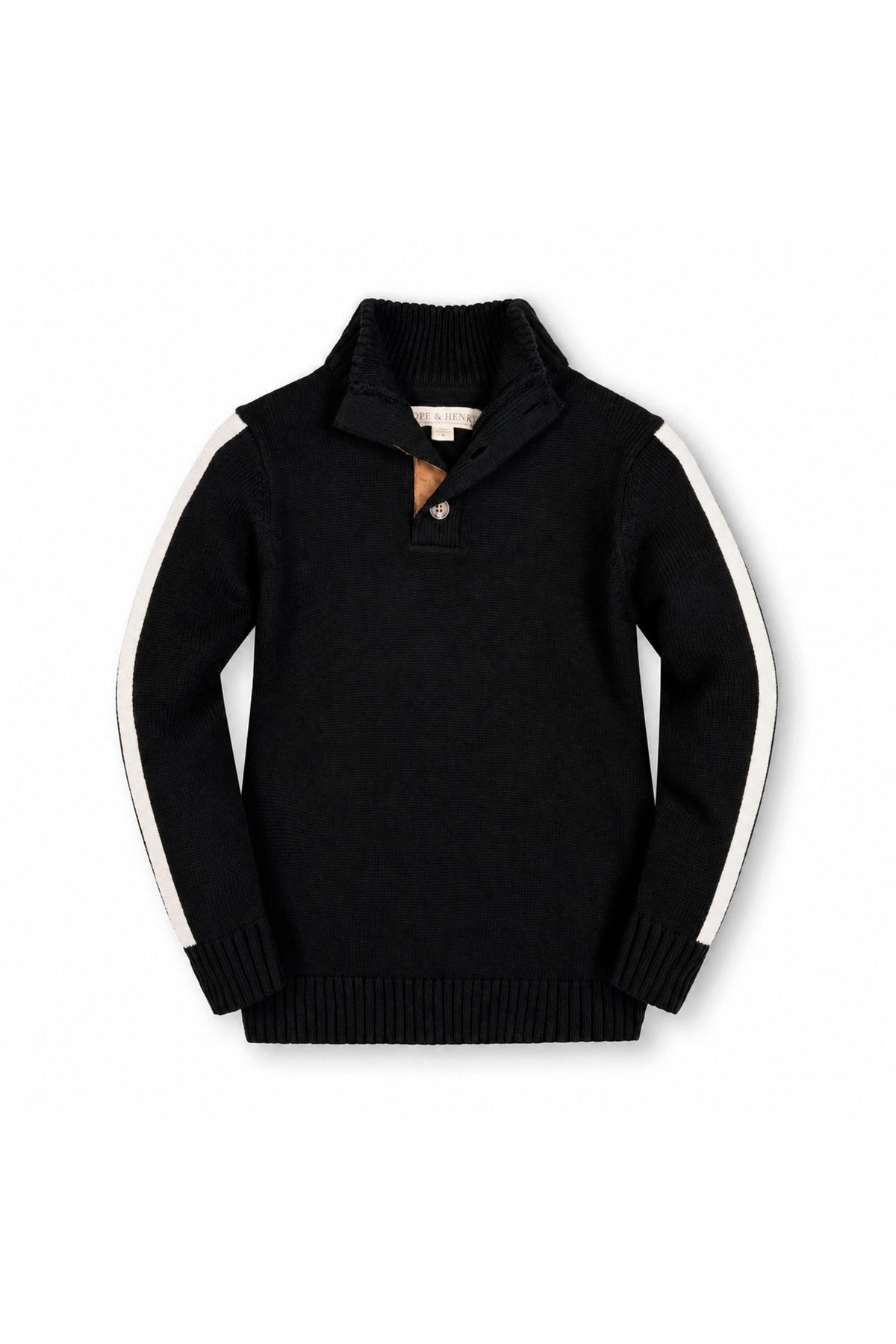 Organic black mock neck sweater featuring contrasting white stripes along the sleeves and a faux suede button placket. Made from 100% organic cotton, suitable for sizes 2T-18.