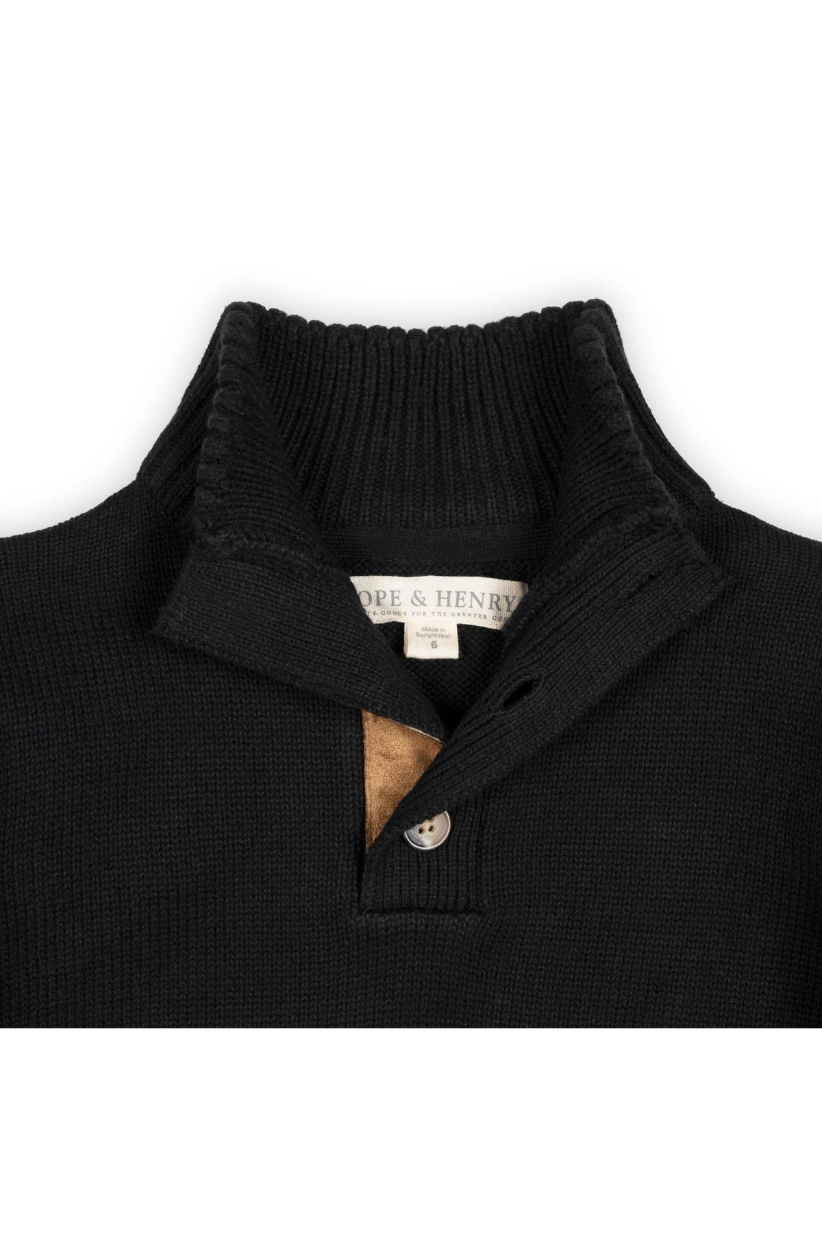 Close-up of a black organic cotton mock neck sweater featuring a ribbed collar and faux suede button placket. The brand label Hope & Henry is visible inside the collar.