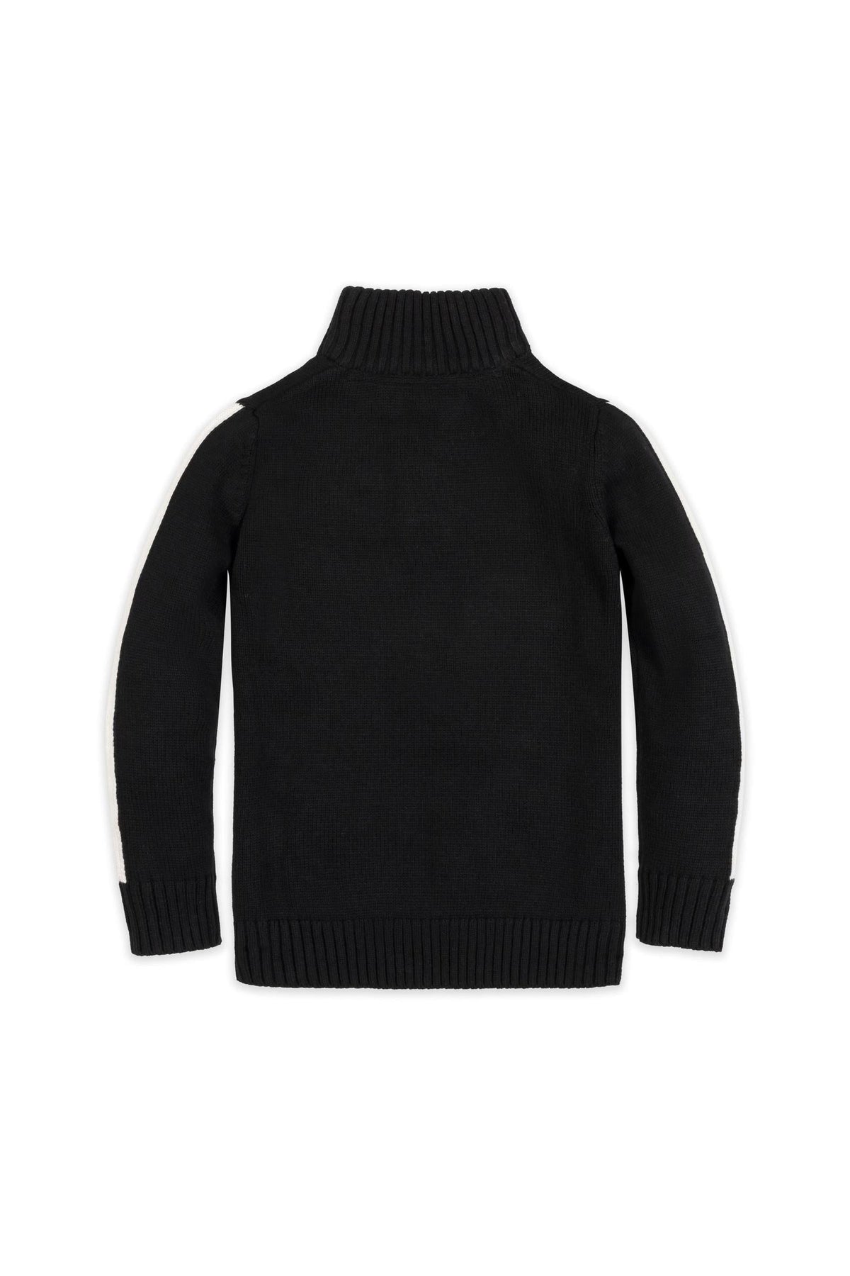 Back view of a black organic cotton mock neck sweater featuring ribbed trim and contrasting white stripes along the sleeves, designed for children aged 2T-18.