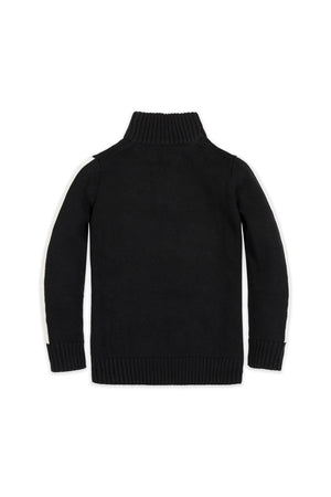 Back view of a black organic cotton mock neck sweater featuring ribbed trim and contrasting white stripes along the sleeves, designed for children aged 2T-18.