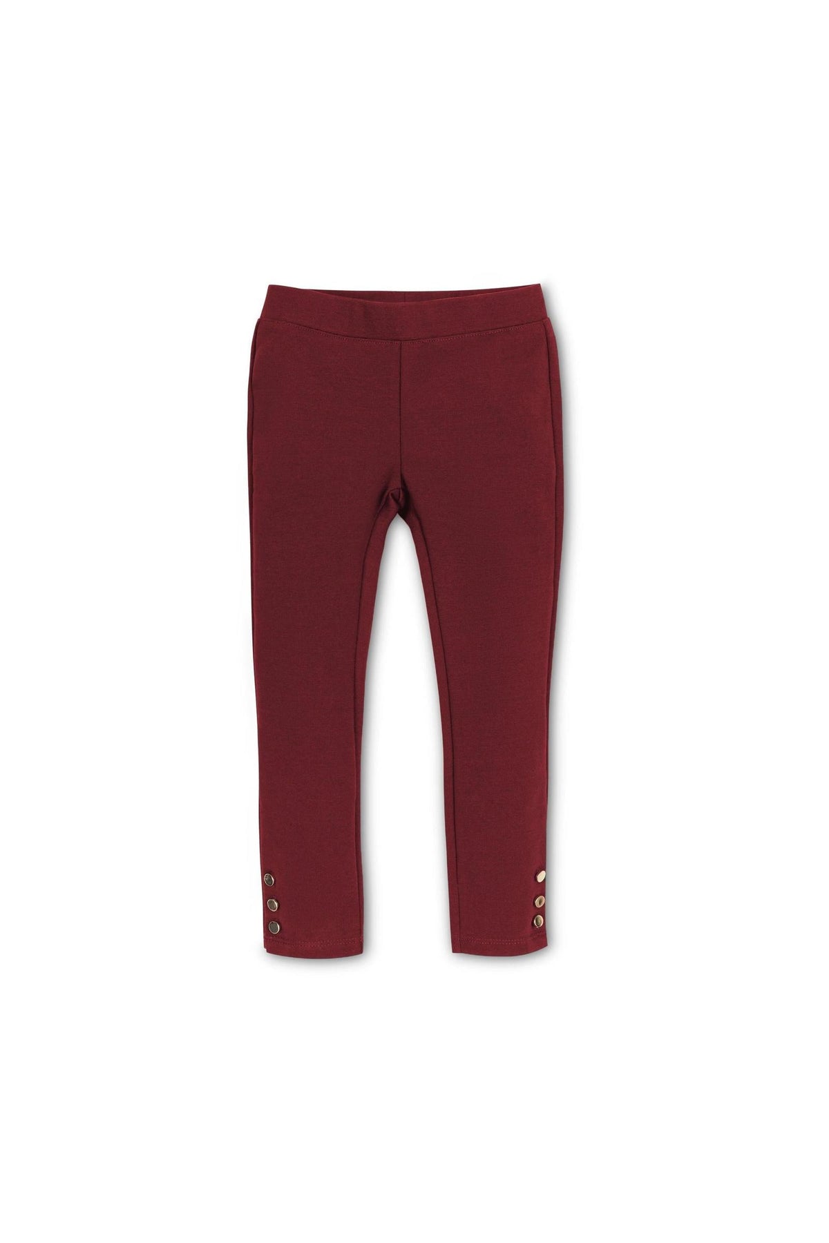 Oxblood ponte pants for toddlers and girls feature a slim fit with a flat elastic waistband and gold shank button details at the ankle cuffs, crafted from cozy, sustainable material.