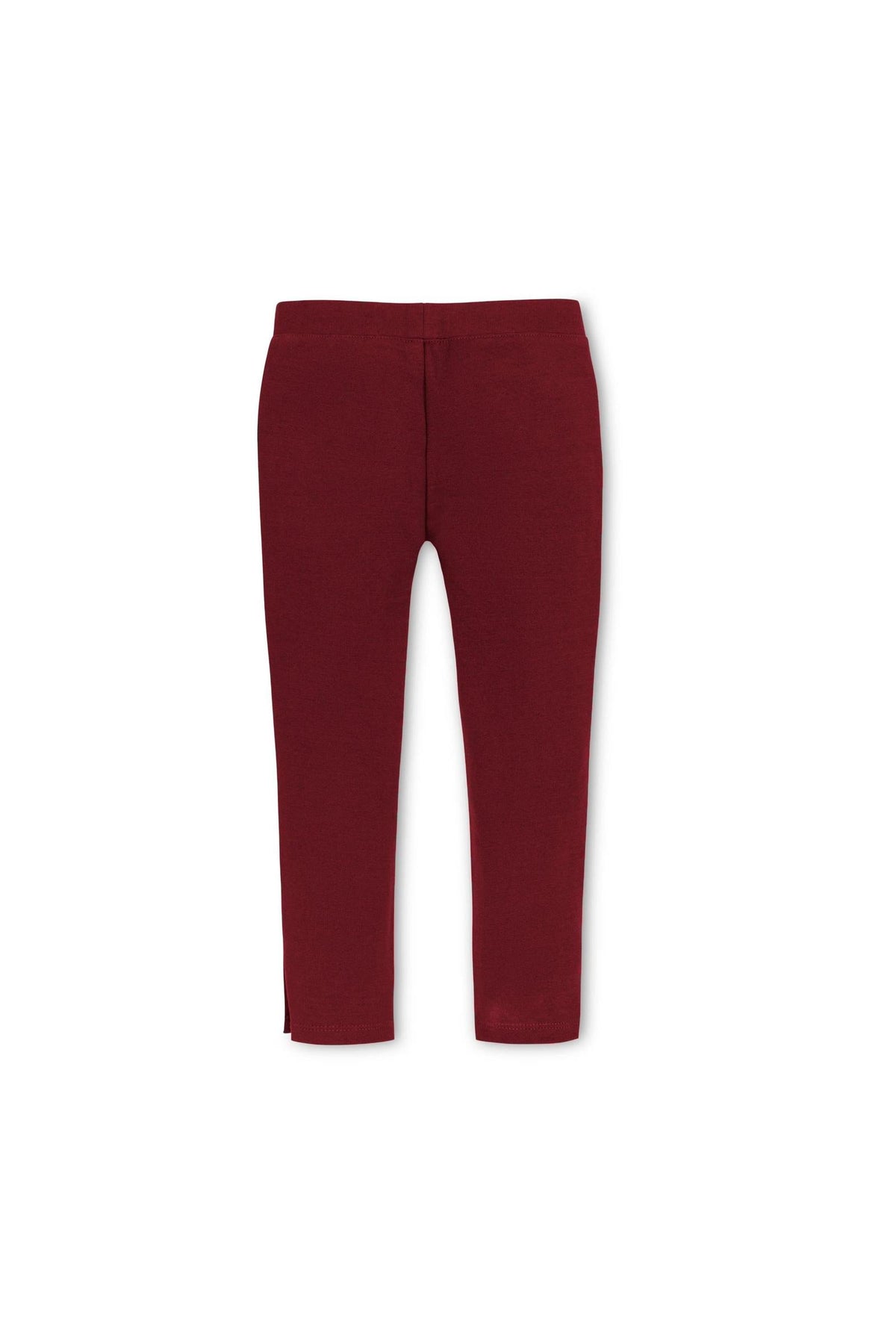Oxblood ponte pants for toddlers and girls feature a slim fit and gold shank buttons at the ankle cuffs. The cozy knit material offers a comfortable, pull-on style.