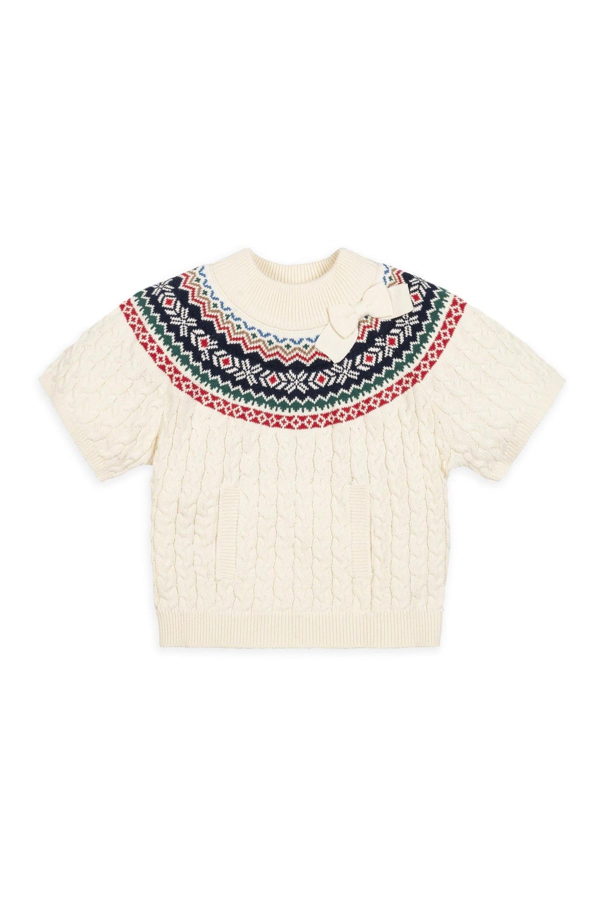 Ivory organic cotton mock neck sweater featuring a colorful Fair Isle pattern and a bow detail. The cozy cable knit design is perfect for kids, combining style and comfort.